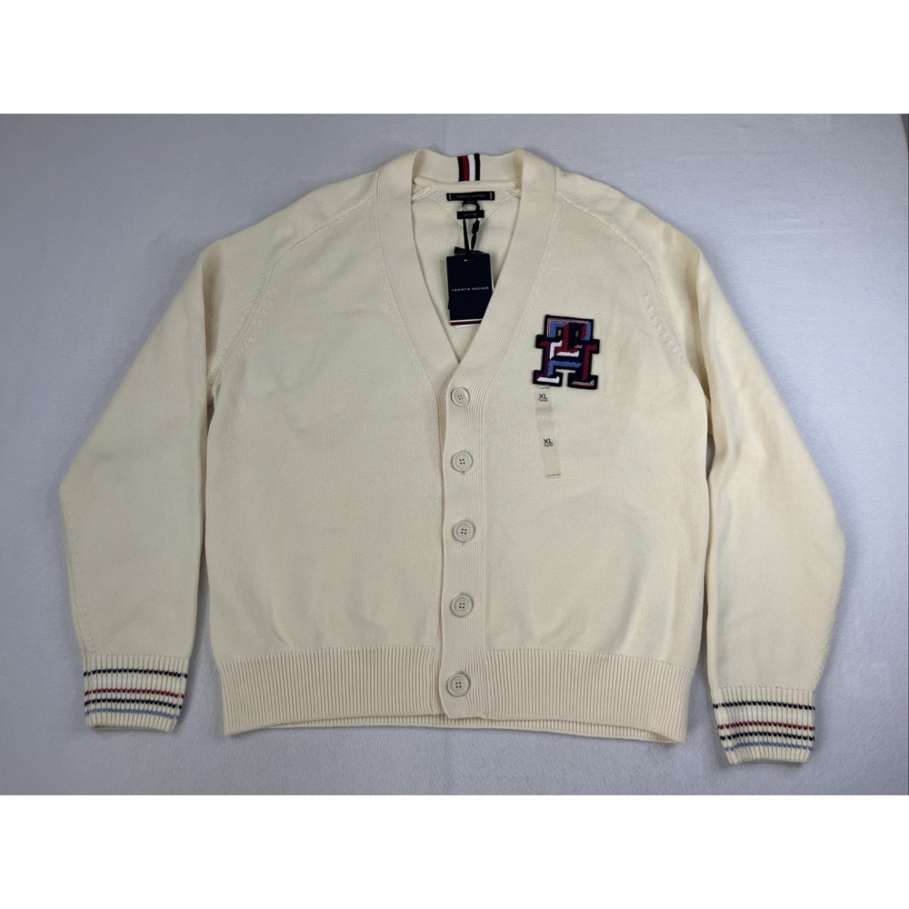 Tommy Hilfiger Monogram Boucle Relaxed Cardigan Mens XL Beige New
